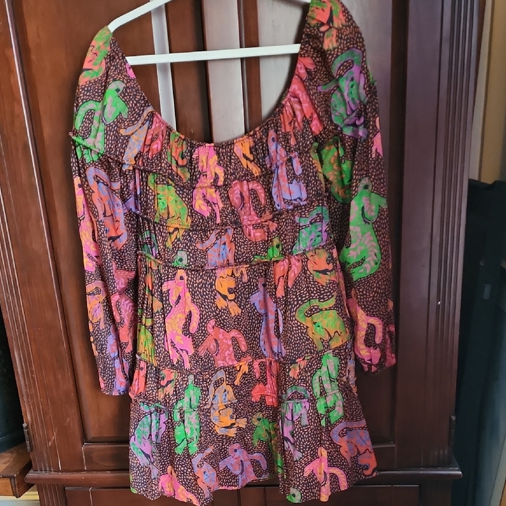 FARM Rio Pink and Green Bishop Sleeve Midi Sundress